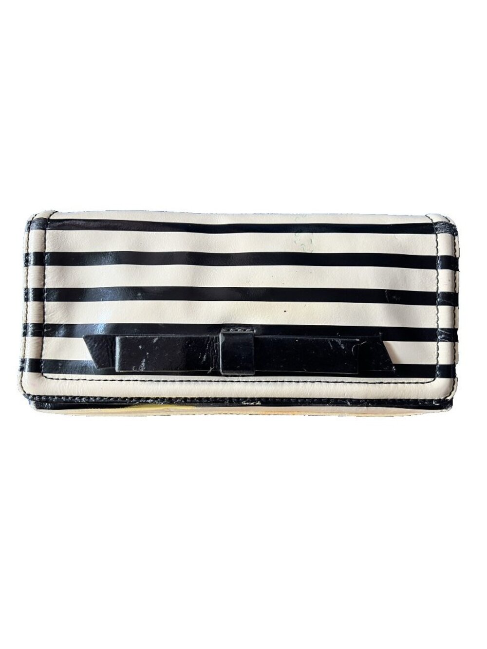 KATE SPADE Patent Stripe Clutch Wallet Keira Chelsea Park Black Cream Purse Flaw